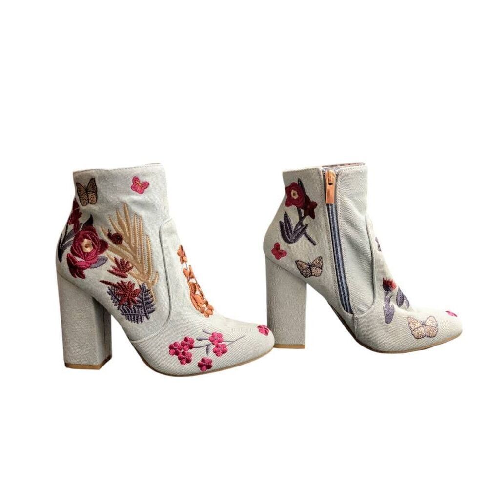 Bamboo Namaste Light Blue Embroidered Flowers & Butterfly Heeled Booties Boots